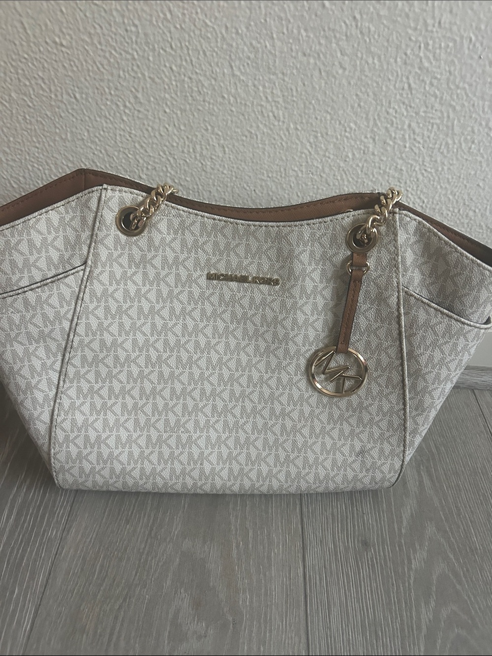 Michael Kors Cream and Brown Logo Chain-Handle Tote
